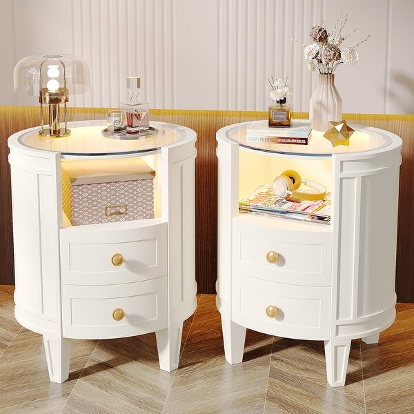 25.5 Inches Tall Round Nightstand Side Table with 2 Drawers LED