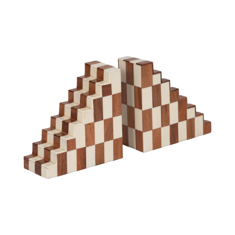 Modern Bookends with Wood and Resin Stair -Step Design - 6" Tan - 6" x 2.75" x 6"