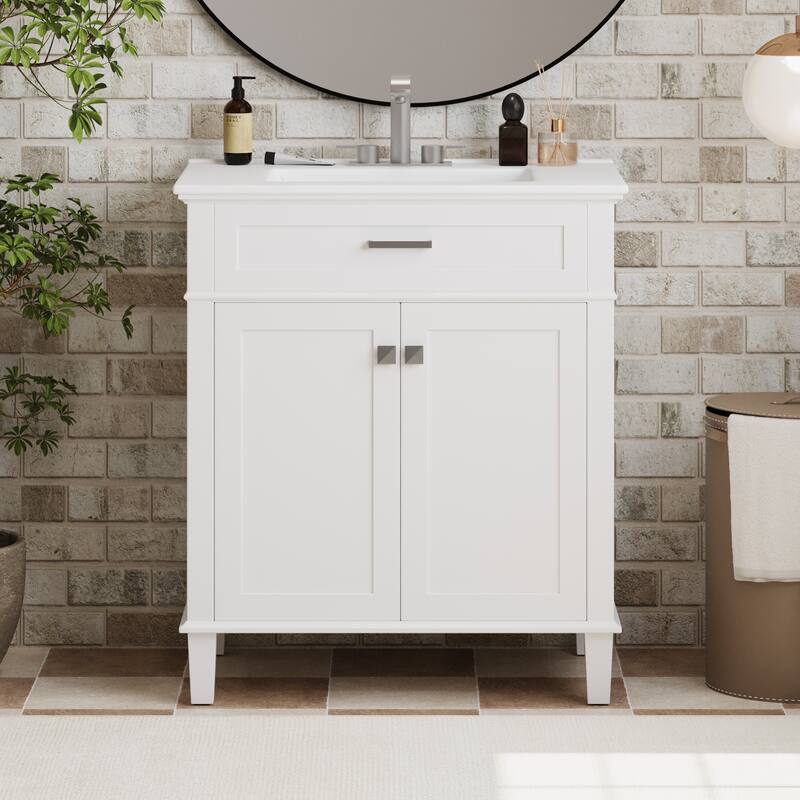 30-inch bathroom vanity with ceramic basin, soft close door and adjustable shelves - White