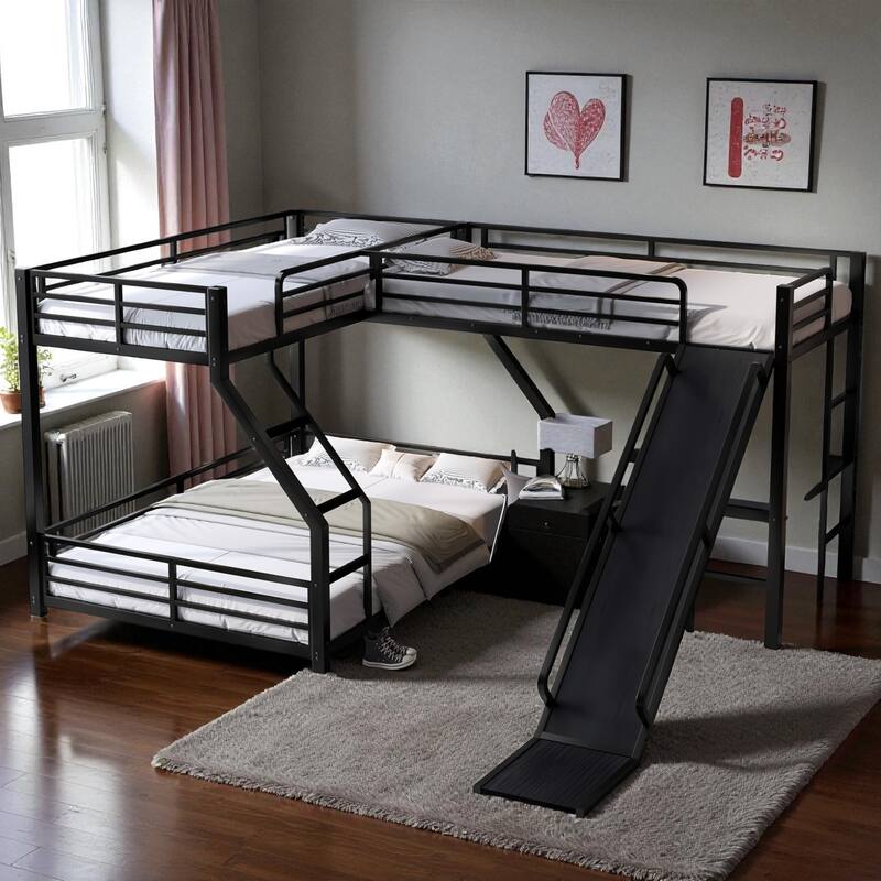 L-Shaped Metal Triple Bunk Bed with Slide & USB, Twin XL over Queen/Twin over Full with Loft, Noise-Free, Black