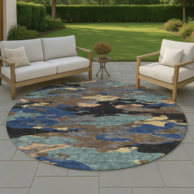 Machine Washable Indoor/ Outdoor Abstract Mexi Chantille Rug - Black - 8' x 8'