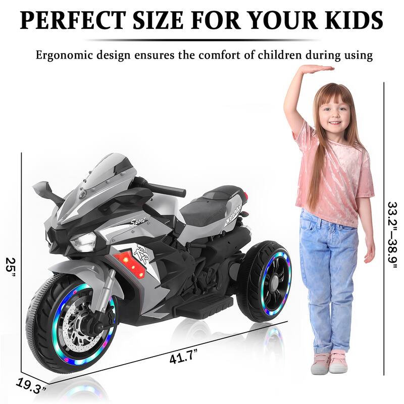 Electric Ride-On Motorcycle for Kids 3-6 Years Old, 12V, USB, MP3, LED Lights & Shock Absorbers