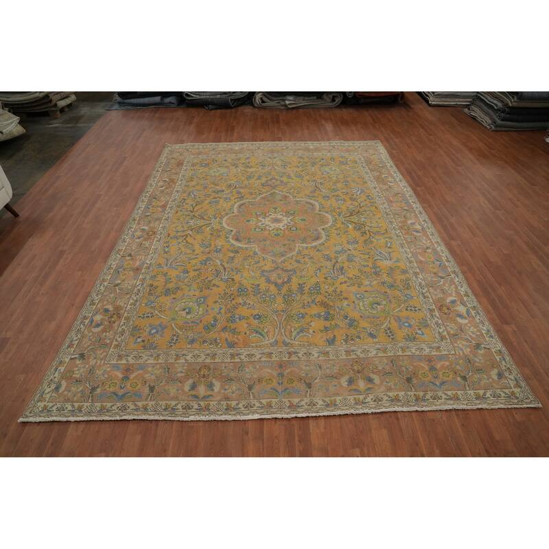 Hand Knotted Oriental 100% Wool Carpet Traditional Floral Yellow & Gold Mashad Area Rug - 12' 11'' X 9' 7''