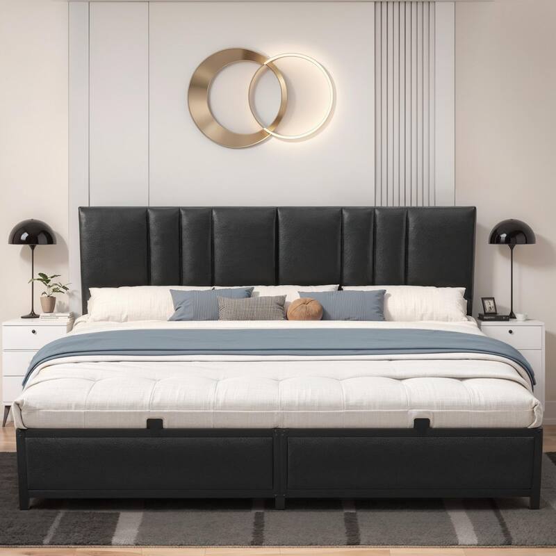 Platform Bed Frame with Ajustable Upholstered Headboard, Bed with USB Port and Charge Station - Black - King