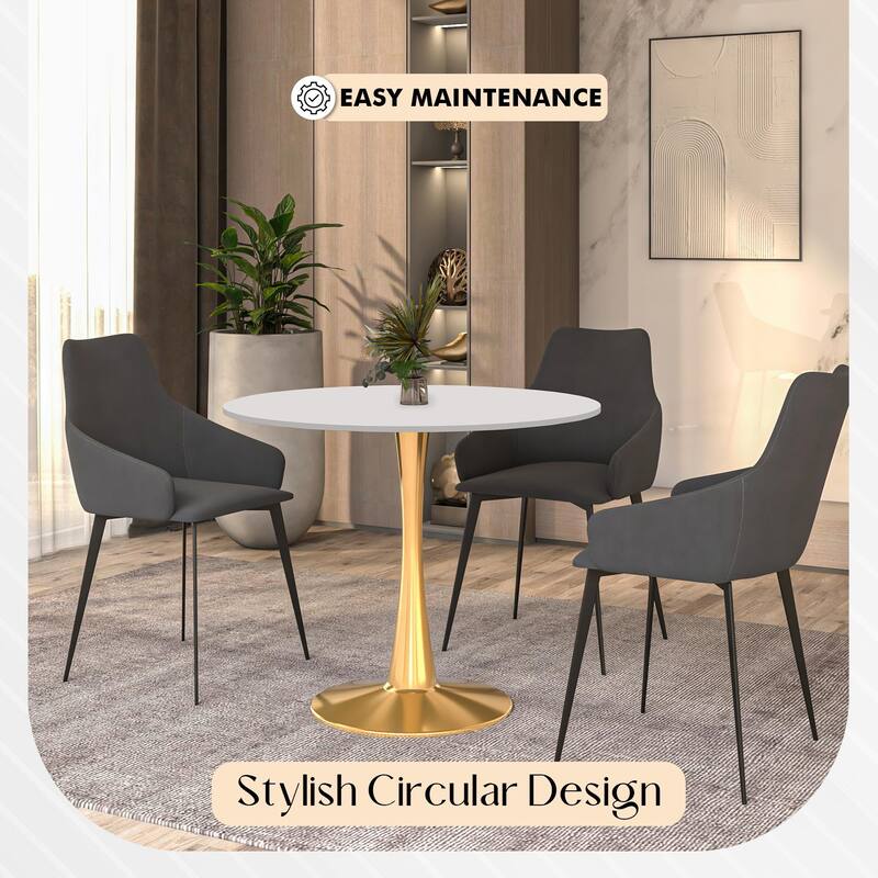 LeisureMod Bristol 35" Round Dining Table for 4 with MDF Tabletop in Gold Steel Base for Kitchen & Dining Room