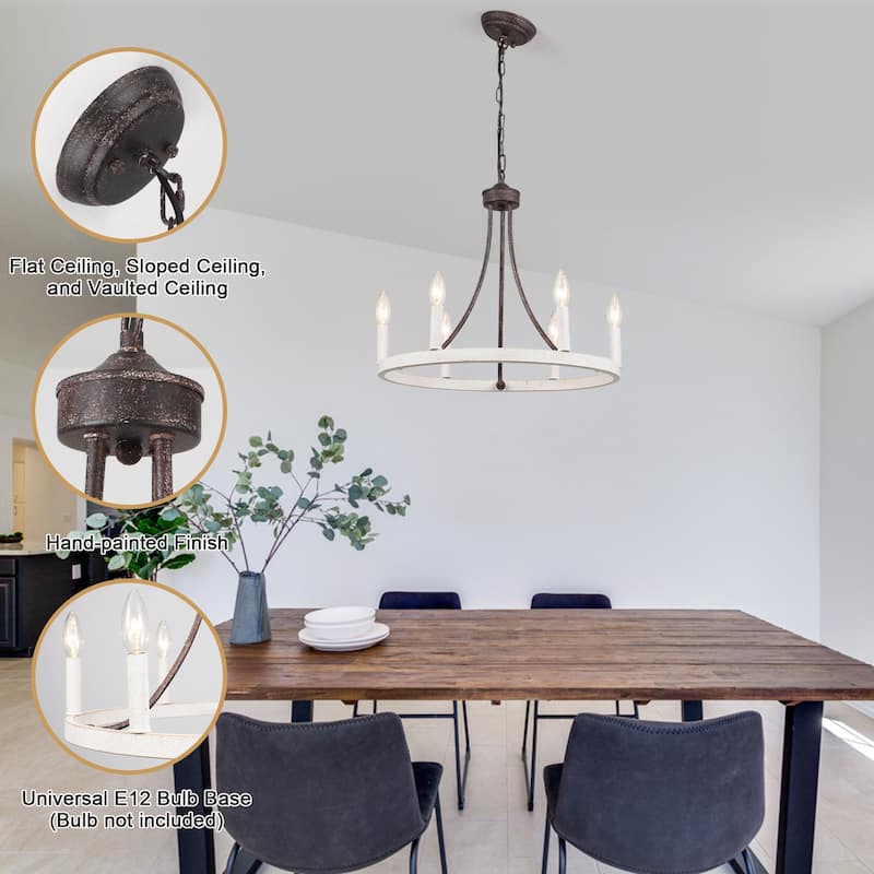 6-Light Farmhouse Candle Circle Hanging Wagon Wheel Chandelier Lighting for Kitchen Island