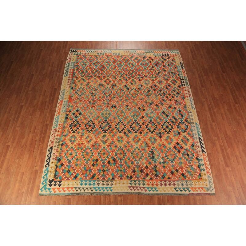 Reversible Kilim Oriental Rug Flatweave Orange Wool Carpet - 10'1"x 12'9"