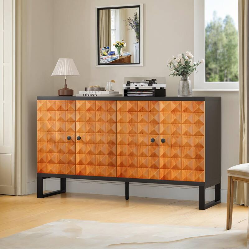 Four Door Sideboard Buffet Cabinet Accent Cabinet with Geometric Patterns, Wooden Storage Cabinet TV Console Table