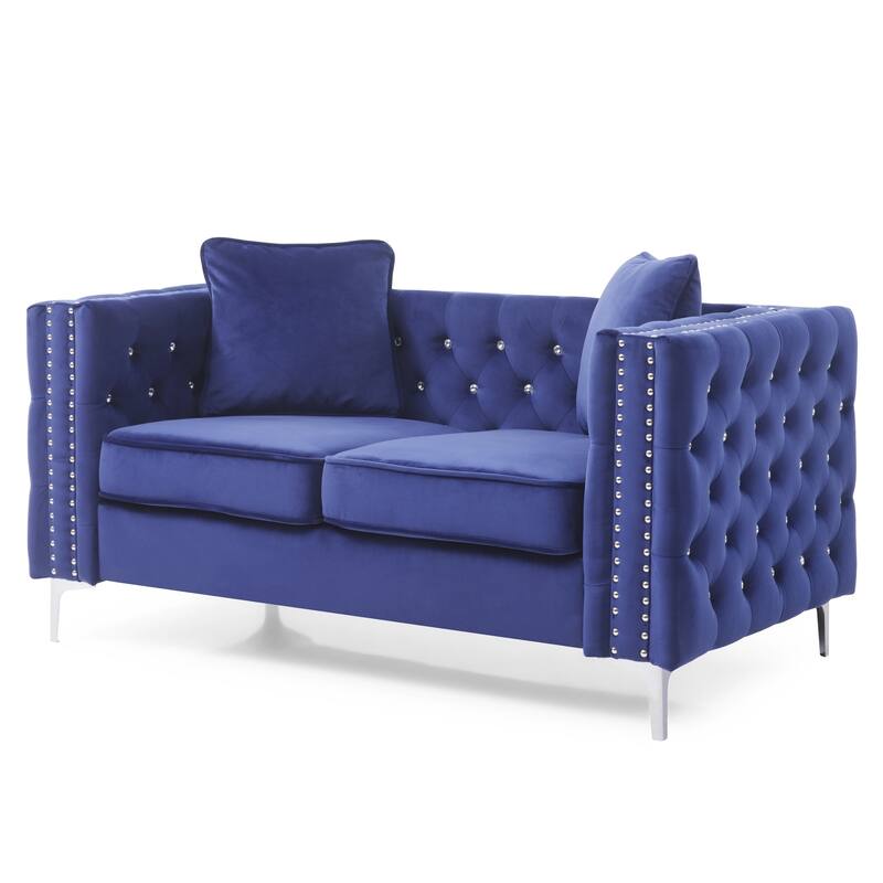 Tufted Diamond Button Velvet Loveseat with Throw Pillows - 63" - Blue