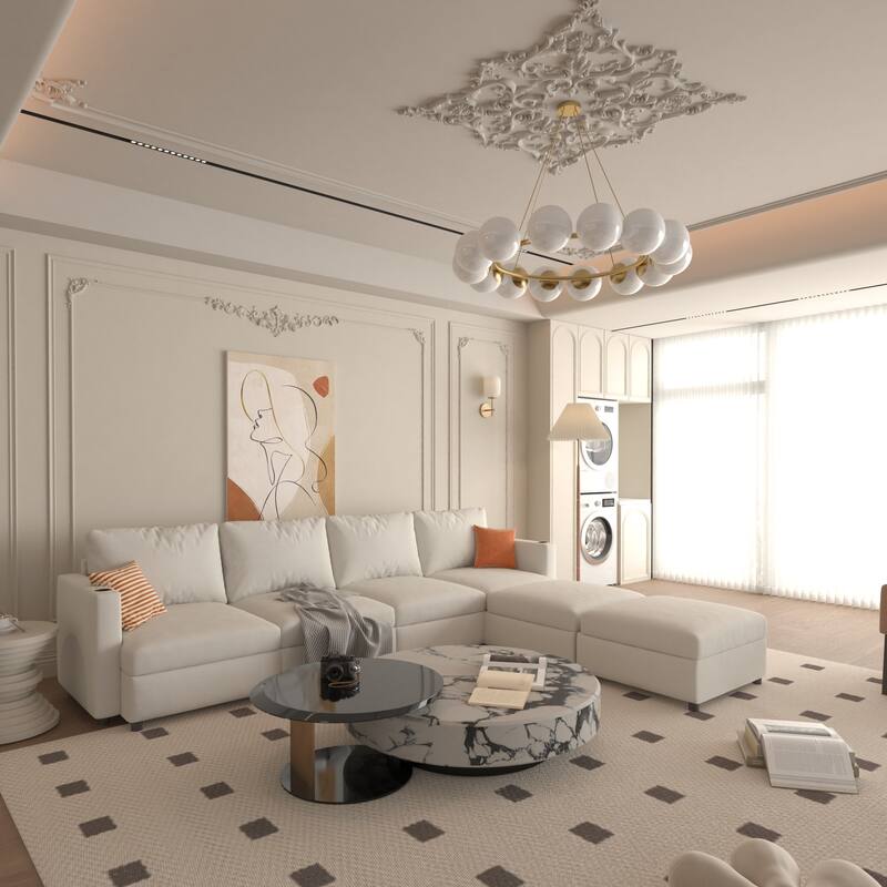 Oversized Sectional Sofa Set, Convertible L Shaped Couch Sofa Bed with Storage, 6 Seater Modular Sofa with Ottomans and Chaise - Antique White