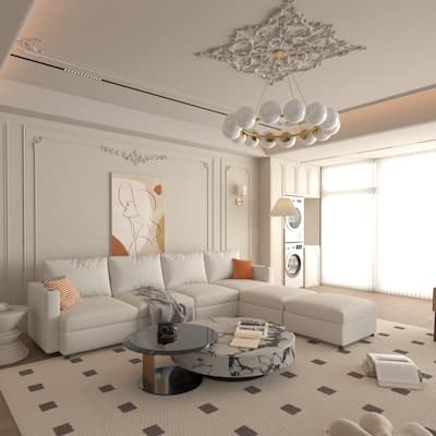 U-Shape Modular Sectional Couch with Storage, 124" Sofa Bed with Ottoman, 6 Seat Chaise in Antique White Fabric