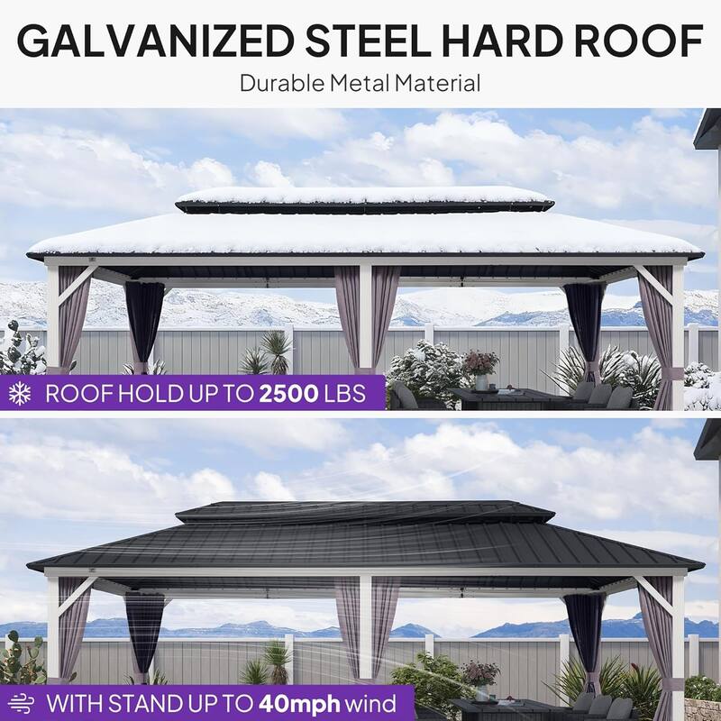 PURPLE LEAF Patio Hardtop Gazebo for Outdoor Grey Galvanized Steel Double Roof White Aluminum Poles