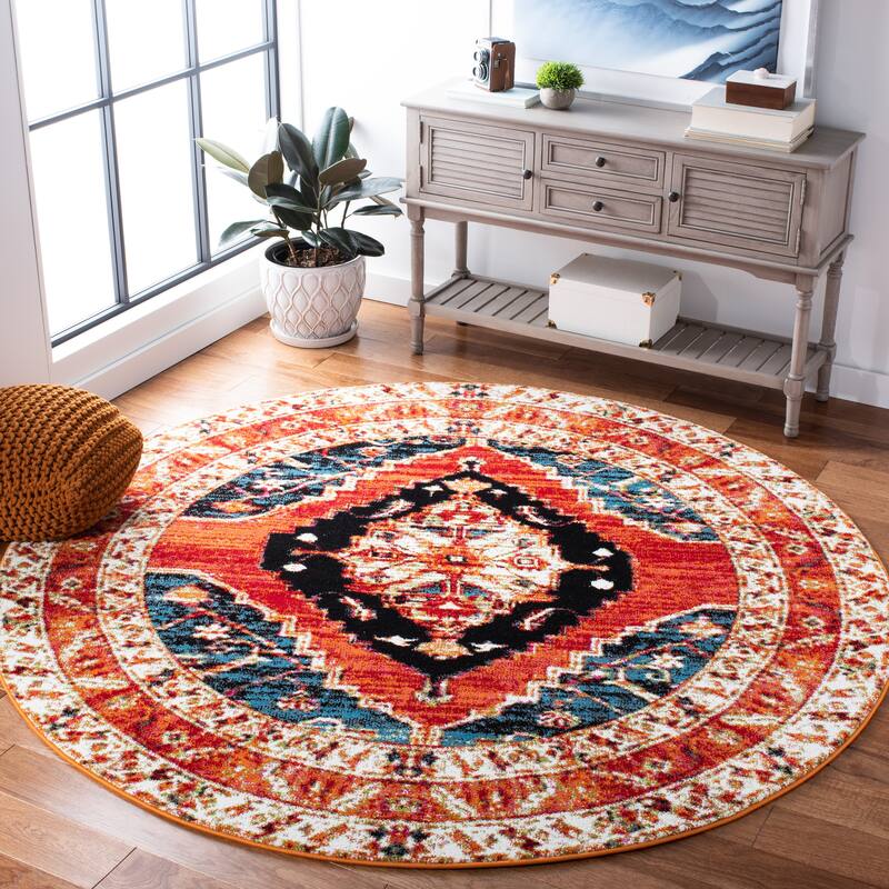 SAFAVIEH Vintage Hamadan Lucile Traditional Medallion Rug - 6'7" Round - Red/Navy