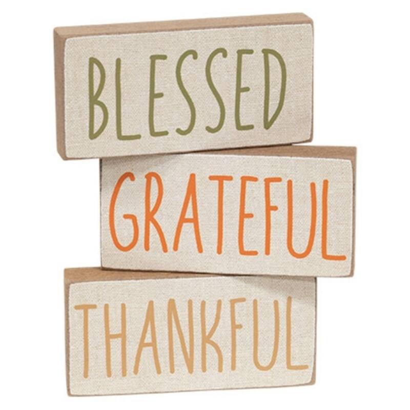 Fall Decor Mini Wooden Blocks Autumn Words “Blessed Grateful Thankful” Shelf Accent 3 Asstd. - 1.5" H x 3" W x .5" D