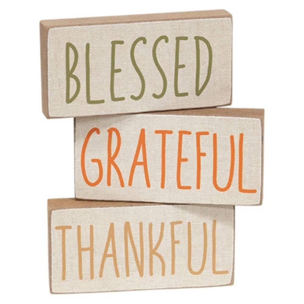 Fall Decor Mini Wooden Blocks Autumn Words “Blessed Grateful Thankful” Shelf Accent 3 Asstd. - 1.5" H x 3" W x .5" D
