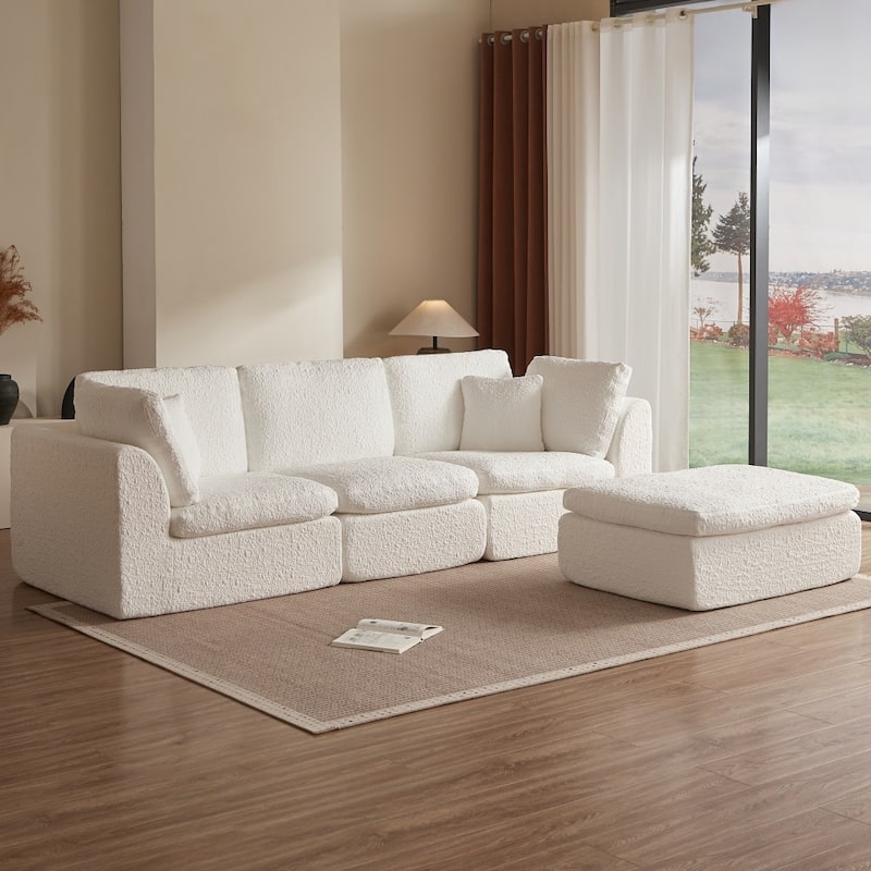 110" Convertible L-Shape 3-Seater Cloud Sectional Sofa with Ottoman - White