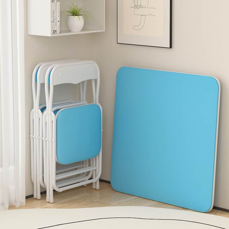 VECELO 5 Pcs Kids Folding Activity Table and Chairs Set, Portable, with Ultra Soft PU Padded Cushion, Matte Black