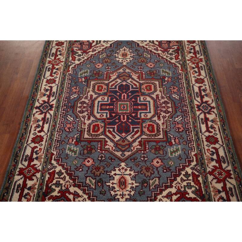 Light Blue Geometric Heriz Serapi Rug Hand-Knotted Wool Carpet - 4'0" X 6'0"