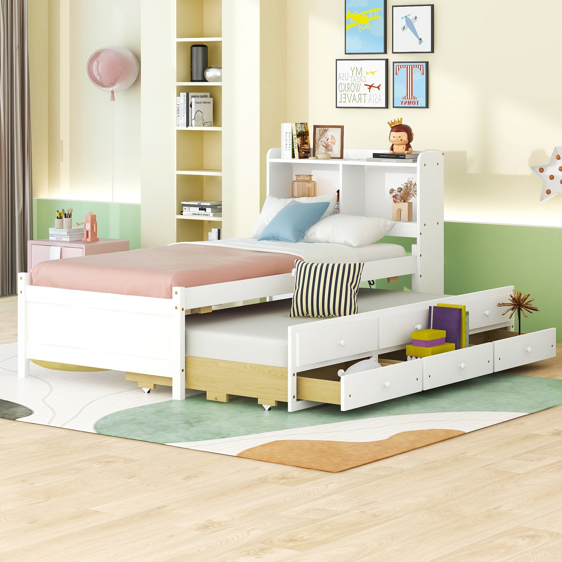 Twin Bed with Built-in USB & Type-C Ports, LED Lighting, Trundle, and Bookcase for Bedroom, Guest Rooms