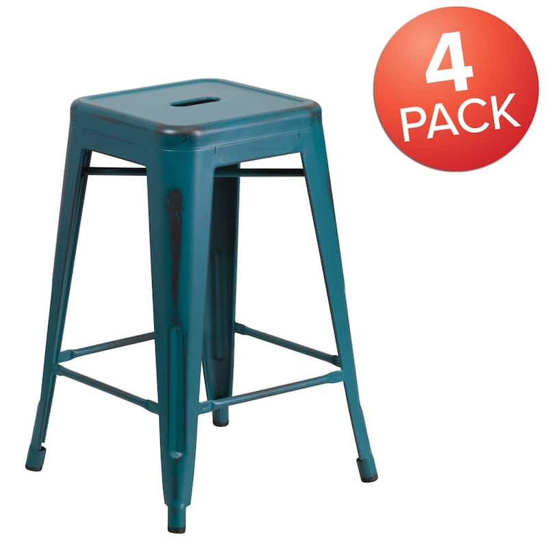 4 Pack 24" High Backless Distressed Metal Indoor-Outdoor Counter Height Stool