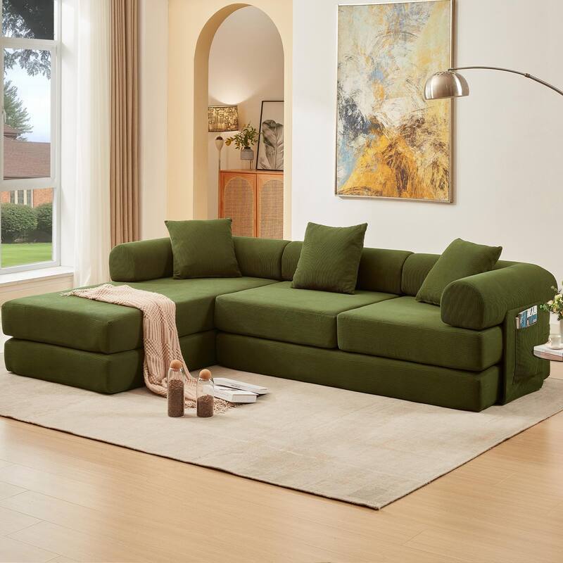 107'' L-Shaped 7-in-1 Corduroy Modular Sectional Sofa Bed, 4-Seat, Green
