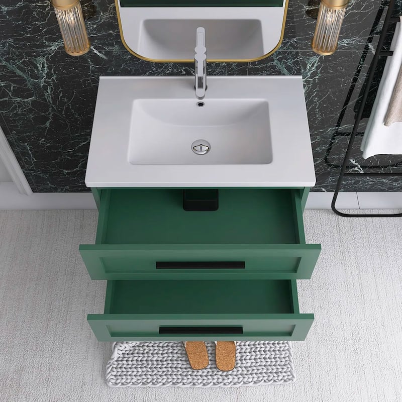 Wall-Mounted Bathroom Vanity in Green with White Ceramic Sink