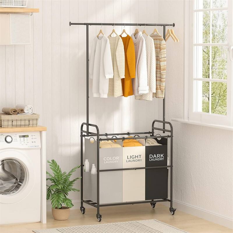 Laundry Sorter Cart with Hanging Clothes Rack - 28.59"L x 15.55"W x 66.54"H