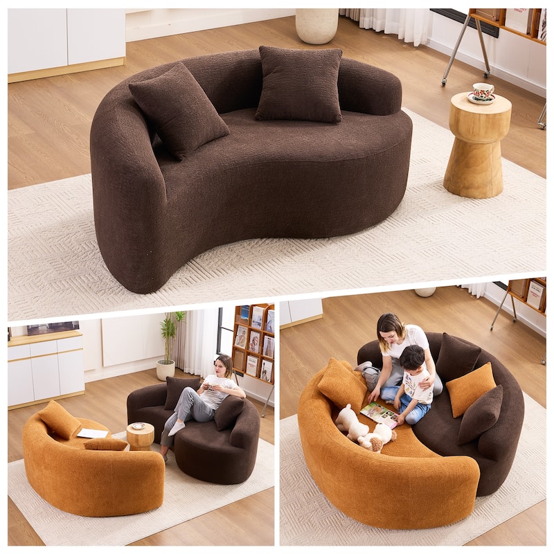 Full Compression Sponge Loveseat, S-Curved Dual-Depth Sofa, Brown Chenille Modular for Small Spaces & Meditation - Brown