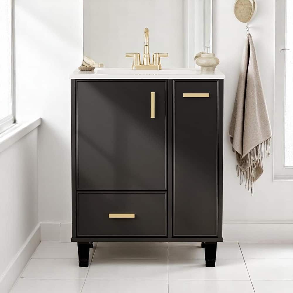 24" Freestanding Bathroom Vanity with Ceramic Sink, Door Shelf, Drawer, Pull-Out Basket, MDF and Wood Base