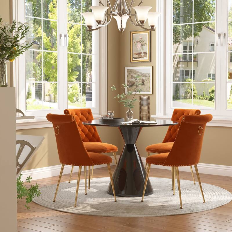 48" Light Luxury Black High Gloss Large Countertop Dining Table with Velvet Dining Chair Set