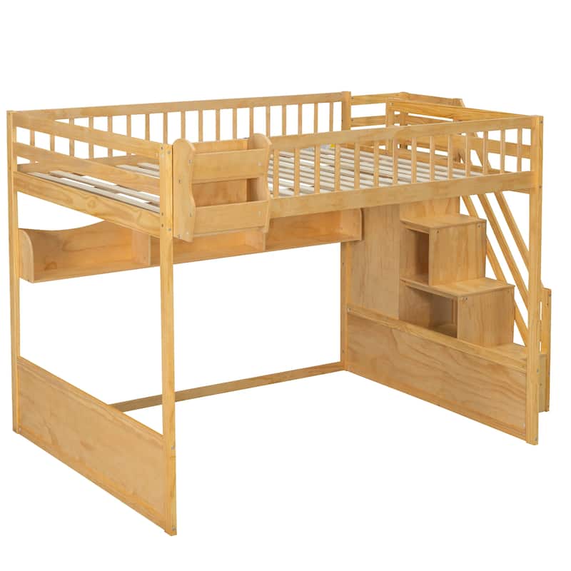 GDFStudio - StoreStep Modern Wooden Queen Loft Bed with Staircase, Wardrobe and Storage Shelves