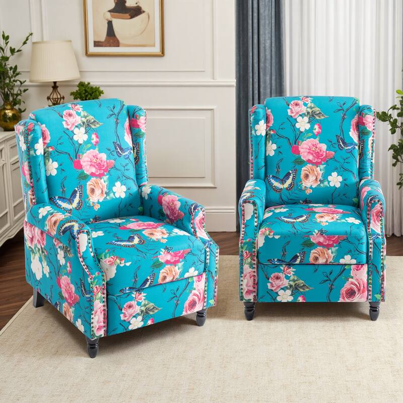 Floral Linen Manual Recliner Chair with Footrest set of 2