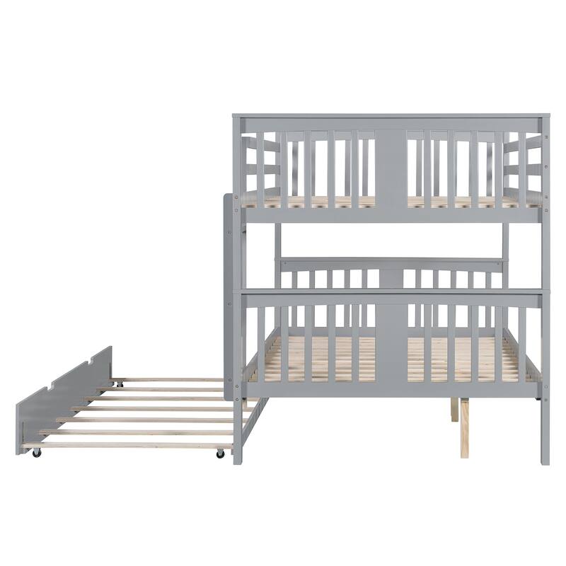 Full over Full Bunk Bed with Twin Trundle, Ladder & Slats - Gray/White/Espresso, Converts to 2 Beds