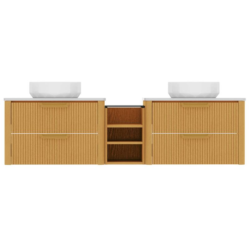 Moasis 72 Inch Floating Bathroom Vanity with Dual Ceramic Basins and 4 Storage Drawers