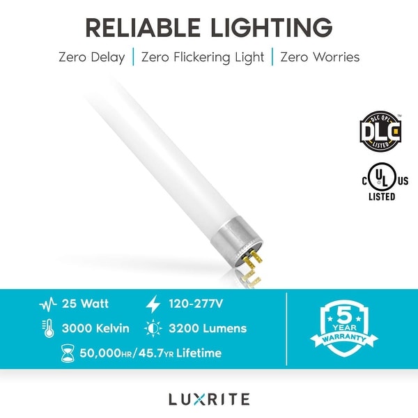 Luxrite 4FT LED Tube Light T5 HO 25W 54W Equivalent 3200