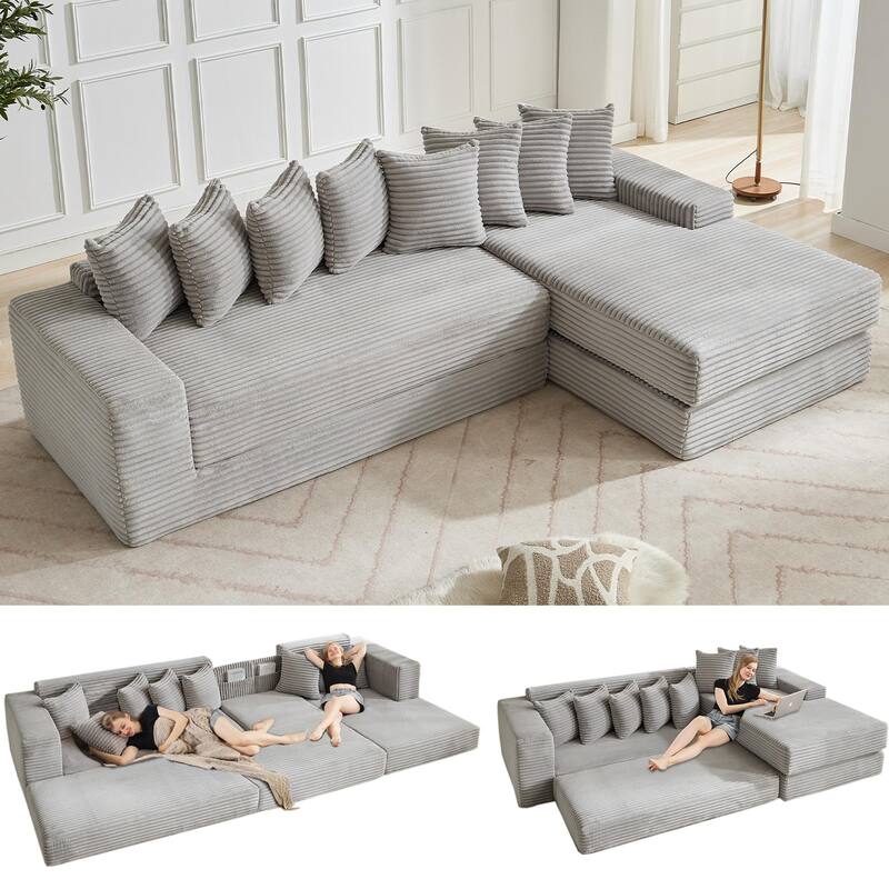 Corduroy L-shaped Chaise Sectional Sofa Convertible Sleeper Sofa Bed