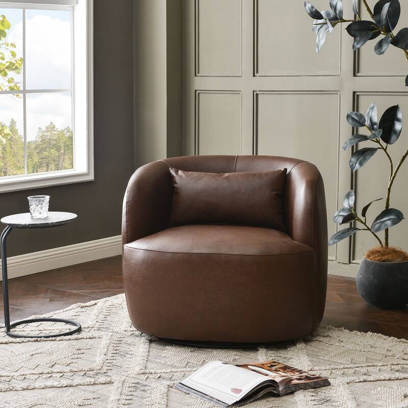 KINWELL 34" Wide Swivel Faux Leather Barrel Armchair Upholstered PU Leather Accent Chairs for Living Room Office Lounge