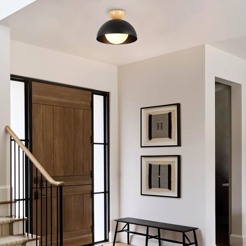 1-Light 11.8" Modern Farmhouse Black Semi-Flush Mount Ceiling Light - 11.8 in. W x 9.84 in. H