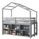 preview thumbnail 6 of 8, Gray Twin Size Wood House Loft Bed with Roof Frame, Under Bed Shelving Storage Unit, Guardrails, Ladder