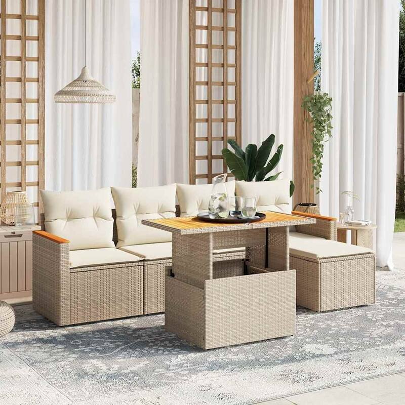 vidaXL Patio Sofa Set with Cushions Outdoor Furniture 6 Piece Poly Rattan - Beige and Cream-without storage - 21.7 x 39.4 x 28.7
