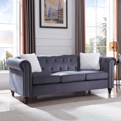 Gray Plush Velvet Chesterfield Sofa with Tufted Accents