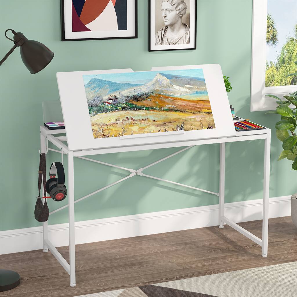 Drafting Table Drawing Desk Tiltable Tabletop Art Table Height Angle Adjustable Writing Desk Studio Desk with 2 Hooks