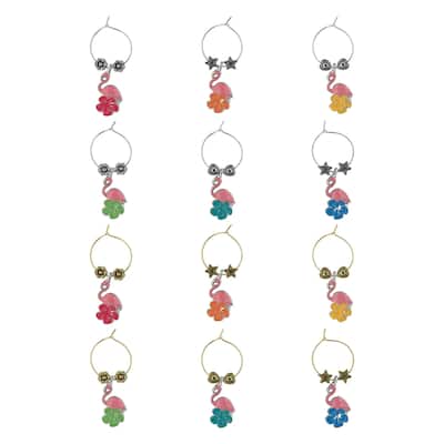 Wine Things 12-Piece Wine Charms/Wine Glass Tags/Drink Markers for Stem Glasses, Wine Tasting Party (Flamingo)