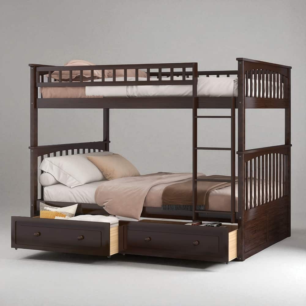 Full Over Full Convertible Bunk Bed with Storage Drawers, Guardrails and Solid Wood Frame, No Box Spring Required