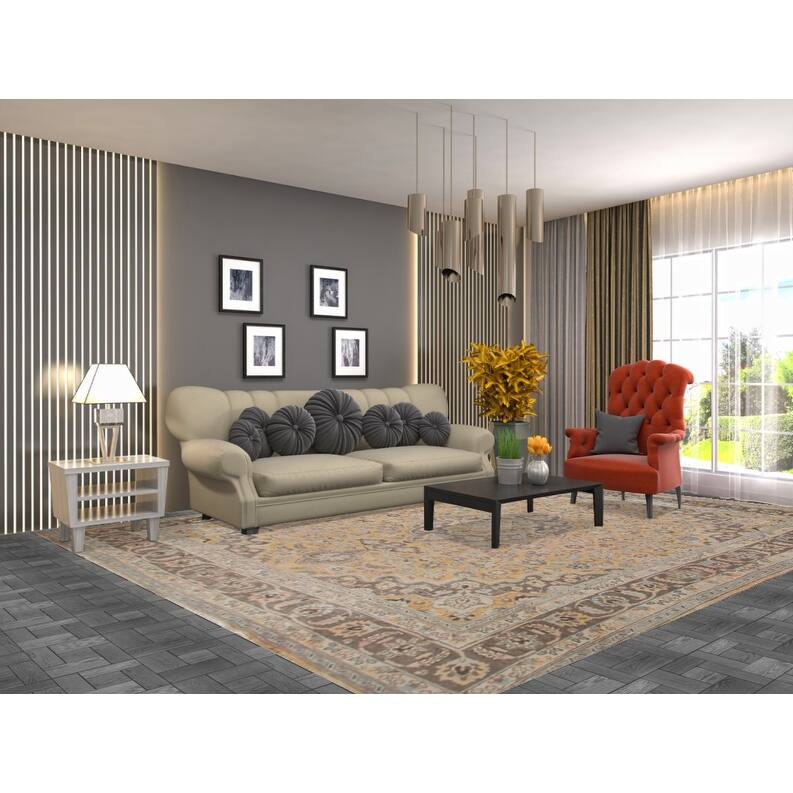 Hand Knotted Oriental 100% Wool Carpet Traditional Floral Yellow & Gold Mashad Area Rug - 12' 5'' X 9' 4''