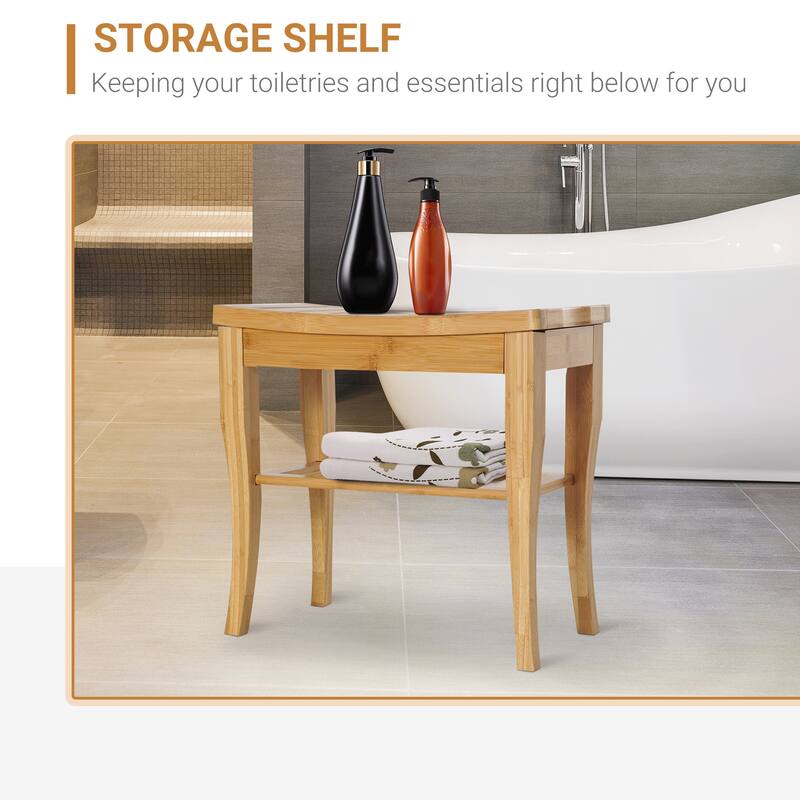 Muti[ple Uses Bamboo Shower Bench Seat, Wooden Spa Shower Stool with Underneath Storage Shelf Shoe Organizer