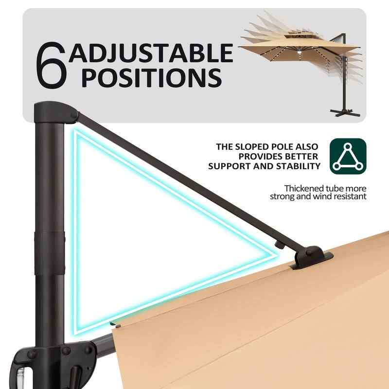10 X 13 FT Outdoor Patio Cantilever Umbrella with Solar Lights Double Canopy 360 RotationTilt