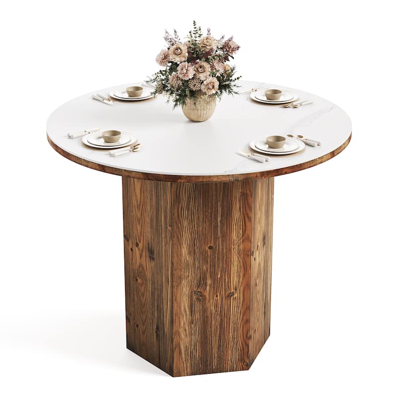 31.5" Round Small Dining Table with Sintered Stone Tabletop and Solid Wood Base - 31.5" D x 31.5" W x 29.5" H