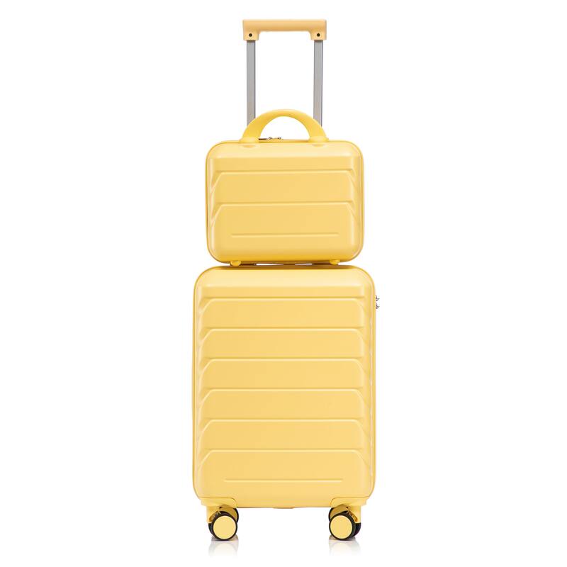 14"/20" 2-Piece, Modern Luggage Sets with Makeup Case, Spinner Wheel and Combination Lock, for Boarding Travel, Yellow