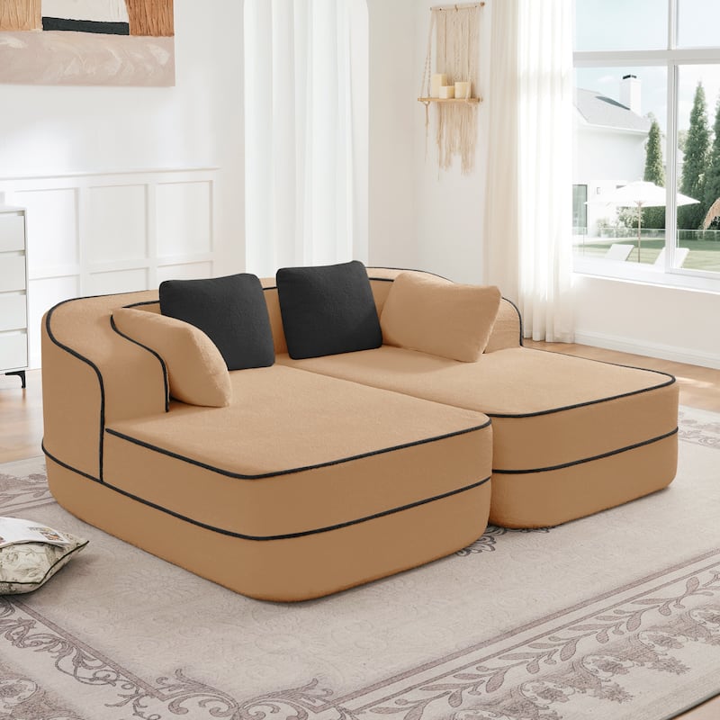 GDF Studio - Greenbrier 77.2" Modern Teddy Upholstered Boneless Sleeper Sofa with Double Chaises, and Contrast Color Design - Camel - 77.2"